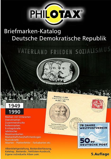 PHILOTAX Logo, Texte: Briefmarken-Katalog DDR, 1949-1990. Abbildungen von historischen Briefmarken und einem Briefumschlag.