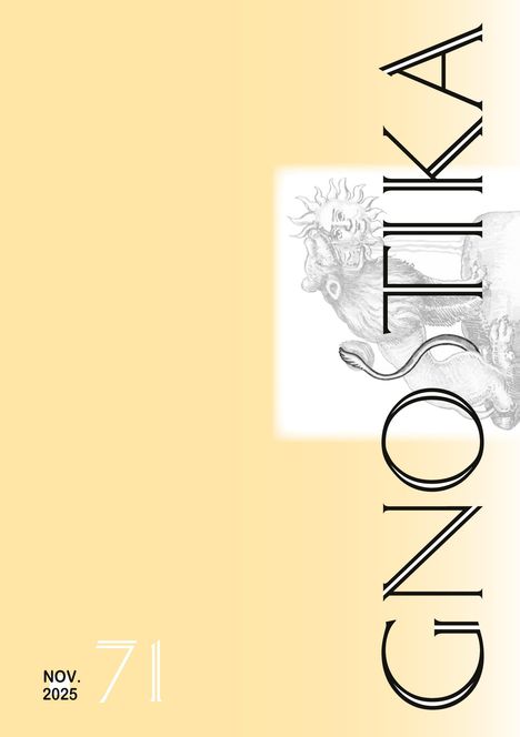 Großer Text: "GNOTIKA", unten links: "NOV. 2025, 71". Illustration eines Löwen mit menschlichem Gesicht. Heller Hintergrund.
