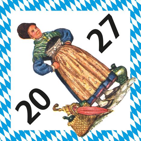 Die Zahlen 20 und 27 sind zu sehen. Eine Frau in traditioneller bayerischer Tracht steht neben einem Korb.