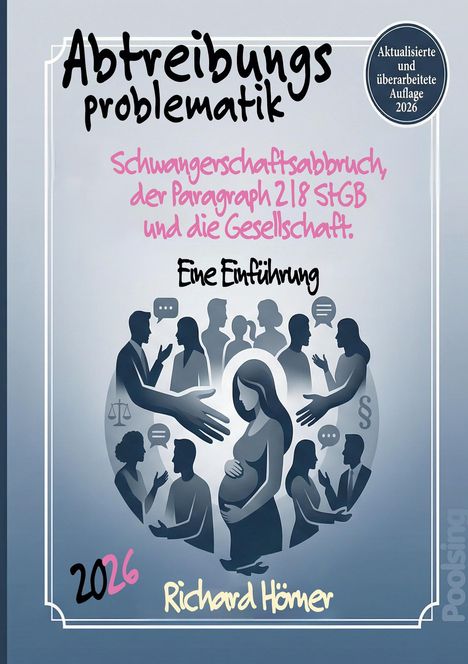 Titel: "Abtreibungsproblematik". Weitere Texte thematisieren Schwangerschaftsabbruch und Gesellschaft. Illustration: Diskutierende Figuren.