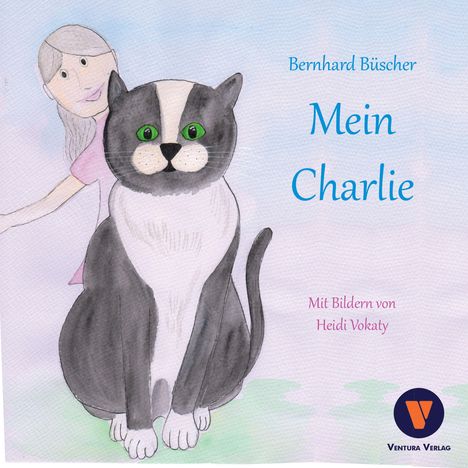 Text: "Bernhard Büscher Mein Charlie Mit Bildern von Heidi Vokaty". Illustration: Eine große, graue Katze mit grünen Augen.