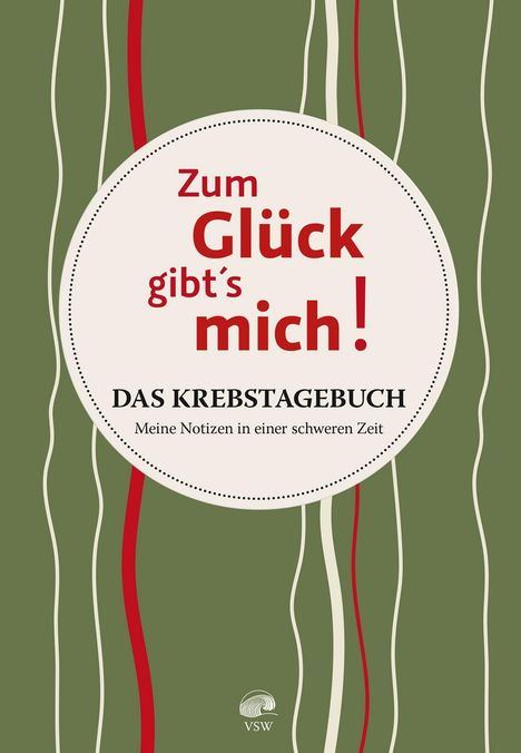 "Zum Glück gibt's mich! DAS KREBSTAGEBUCH Meine Notizen in einer schweren Zeit." Grüne Streifen, Logo unten.