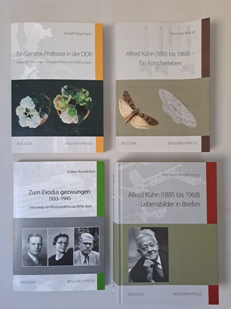 Vier Buchcover. Titel: "Ein Genetik-Professor in der DDR", "Alfred Kühn – Ein Forscherleben", "Zum Exodus gezwungen 1933–1945", "Alfred Kühn – Lebensbilder in Briefen".