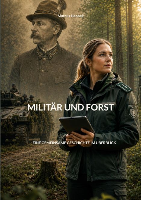 "Militär und Forst. Eine gemeinsame Geschichte im Überblick." Frau im Forst, leicht lächelnd, hält ein Tablet.