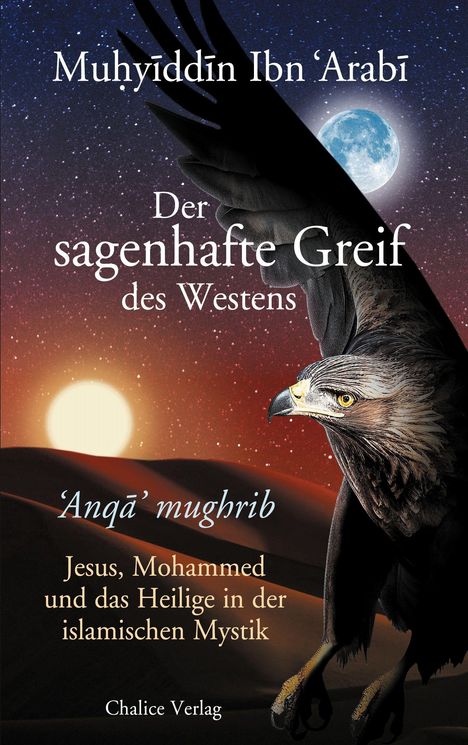 Ein Greif fliegt vor einem sternenklaren Himmel, die Sonne geht über Wüstenhügeln unter, daneben ein Vollmond.