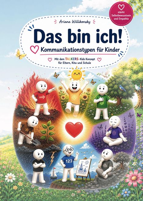 "Das bin ich! Kommunikationstypen für Kinder." Illustration mit fröhlichen, cartoonartigen Figuren in bunter Natur.