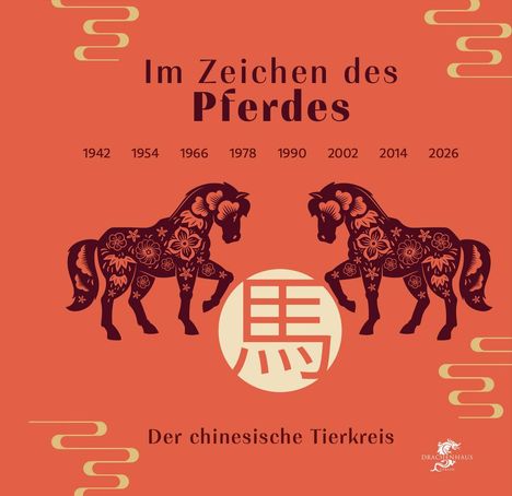 Text: "Im Zeichen des Pferdes", Jahreszahlen von 1942 bis 2026, "Der chinesische Tierkreis". Zwei verzierte Pferde.