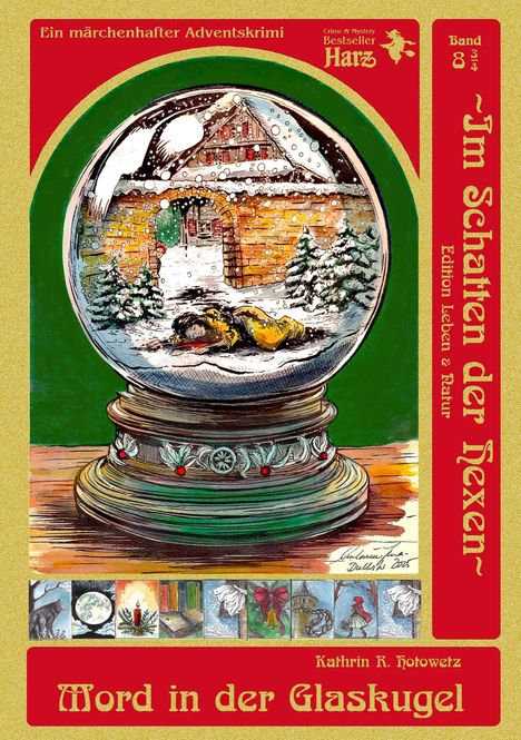 „Mord in der Glaskugel“, adventlicher Krimi, Illustration einer Schneekugel mit Hütte und liegender Person im Schnee.