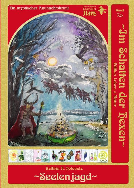 Ein mystischer Raunachtskrimi. Im Schatten der Hexen. Band 7.5. Illustration: mystische Szene mit Bäumen, Sonne und Gestalten.