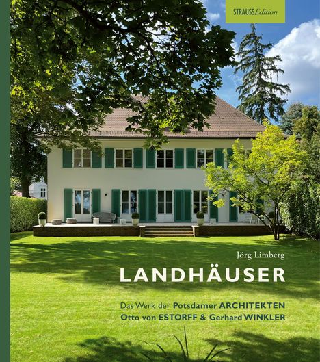 Text: "LANDHÄUSER" von Jörg Limberg. Grünanlage mit großem Haus, blauen Fensterläden, geräumigem Garten.