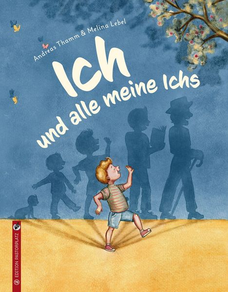 "Ich und alle meine Ichs" von Andreas Thamm & Melina Lebel. Ein Junge spaziert auf gelbem Boden, Schatten von Personen im Hintergrund.