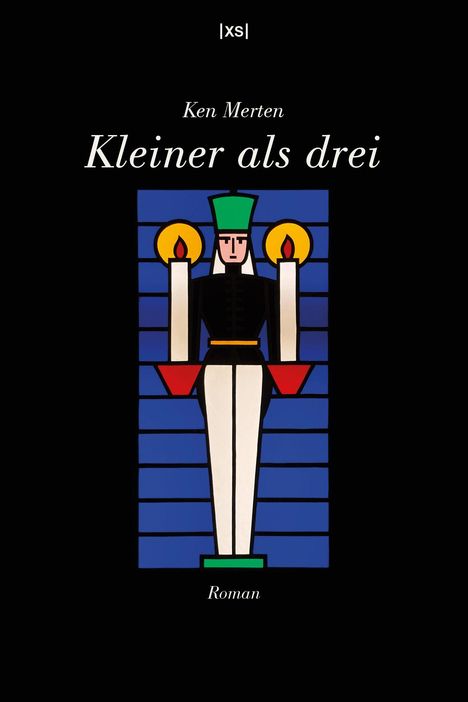 Titel: "Kleiner als drei" von Ken Merten. Illustration eines stilisierten Bergmanns mit Kerzen, blaue und schwarze Elemente.