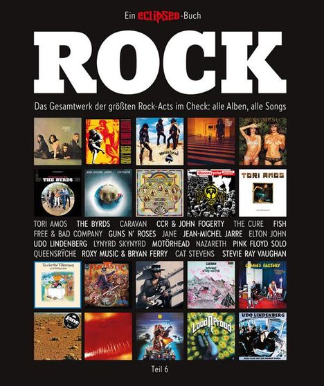 "ROCK" in großen Buchstaben. Albumcover und Interpreten wie Tori Amos, CCR, Lynyrd Skynyrd. Teil 6 einer Sammlung.