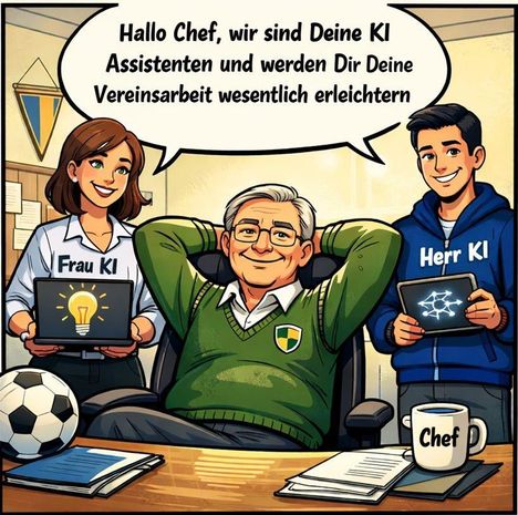 Sprechblase: "Hallo Chef, wir sind Deine KI Assistenten...". Frau KI und Herr KI halten Tablets, Chef sitzt entspannt.