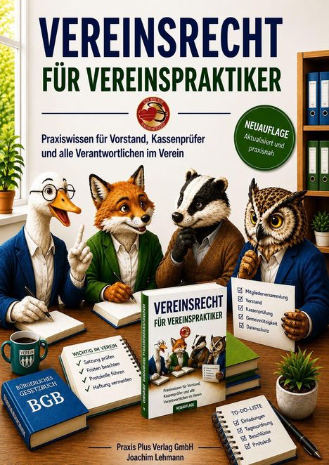 „Vereinsrecht für Vereinspraktiker“, Tiere tragen Anzüge, sitzen an einem Tisch mit Büchern und Notizblöcken.
