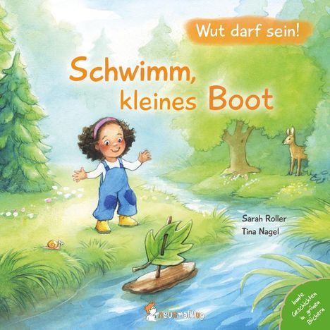 "Wut darf sein! Schwimm, kleines Boot." Ein Kind steht nahe einem Bach mit einem Blattboot, umgeben von Bäumen und Tieren.