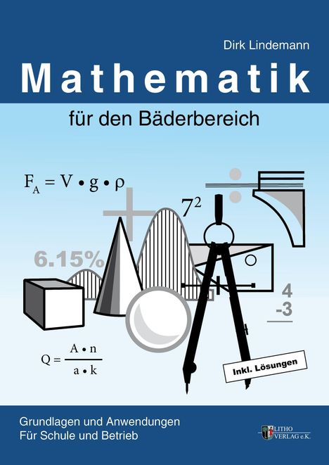"Mathematik für den Bäderbereich" in großer Schrift, darunter mathematische Symbole und Formen, inkl. Lösungen.