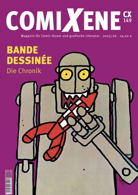 COMIXENE CX 149. "Bande dessinée, die Chronik". Ein grober, comicartiger Roboter hält eine kleine Rakete auf lila Hintergrund.