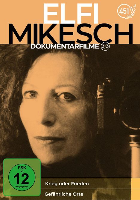 "ELFI MIKESCH DOKUMENTARFILME 3/3" und "Krieg oder Frieden, Gefährliche Orte". Gesicht einer Frau, Kamera im Hintergrund.