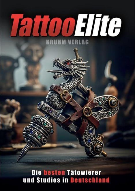"TattooElite KRUHM VERLAG. Die besten Tätowierer und Studios in Deutschland." Bild: Eine tätowiermaschinenartige Drachenfigur.