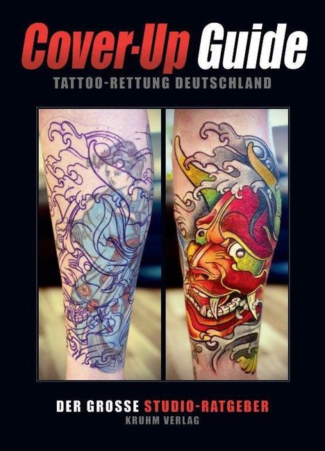 „Cover-Up Guide: Tattoo-Rettung Deutschland“, zwei tätowierte Arme, einer mit Skizzen, der andere farbig.