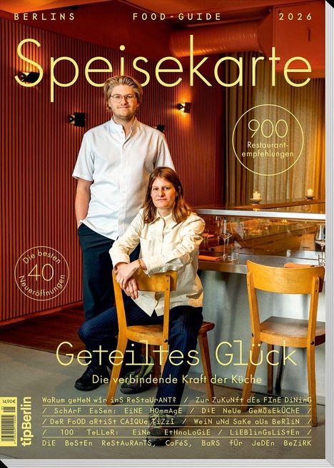 "Speisekarte 2026, 900 Restaurantempfehlungen, Die besten 40 Neueröffnungen. Titel: Geteiltes Glück."  

Hintergrund: Zwei Menschen im Restaurant.