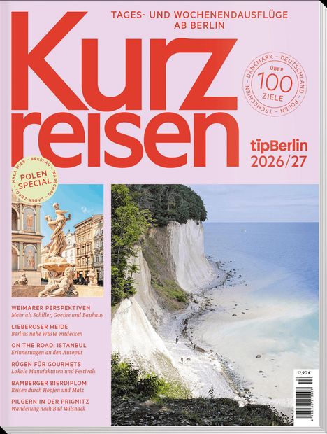 „Tages- und Wochenendausflüge ab Berlin. Über 100 Ziele. Polen Special.“ Steilküste am Meer, Stadtansicht mit Skulptur.