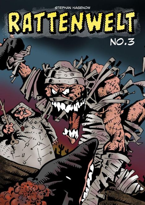 Text: "Rattenwelt No. 3" und "Stephan Hagenow". Illustration: Aggressive Kreaturen im Kampf, dunkle und dramatische Farben.
