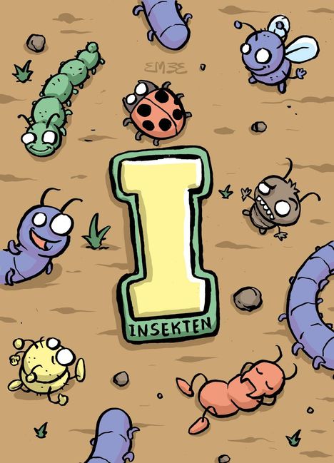Der Text "Insekten" erscheint auf einem großen, gelben Buchstaben "I". Rundherum sind bunte, freundliche Insekten.