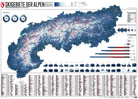 „Skigebiete der Alpen“ zeigt eine detaillierte Karte mit Pisten, Diagrammen und einer Tabelle der Skigebiete.