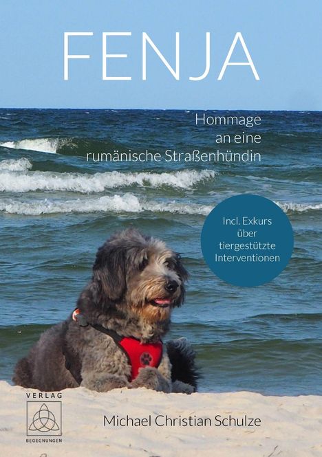 „FENJA“ und „Hommage an eine rumänische Straßenhündin“ stehen über einem Hund im Sand am Meer.