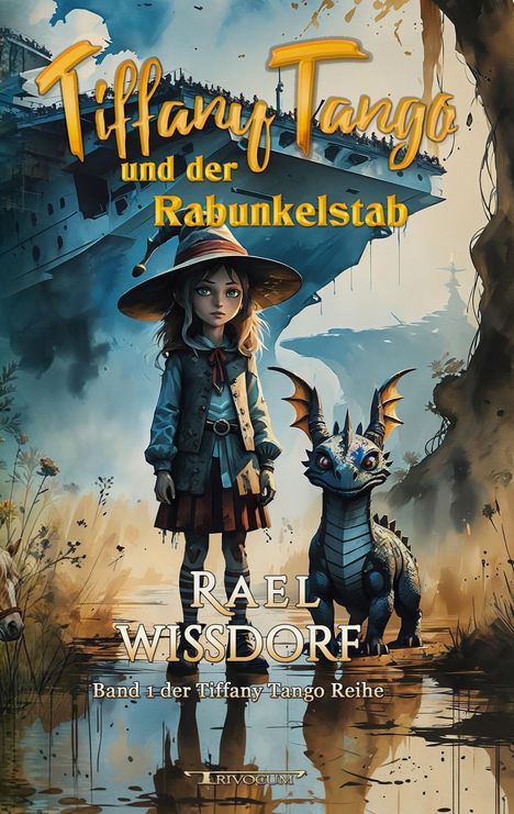 "Tiffany Tango und der Rabunkelstab" oben in gelben Buchstaben. Mädchen mit Drachen in Fantasielandschaft.