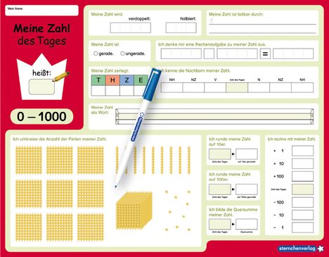 sternchenverlag GmbH: Meine Zahl des Tages 0-1000 - wiederbeschreibbare Lerntafel mit Stift - Mathematik, Buch