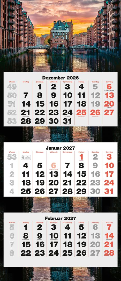 Dezember 2026, Januar 2027, Februar 2027 Kalender. Bild zeigt historische Gebäude an einer Wasserstraße bei Sonnenuntergang.