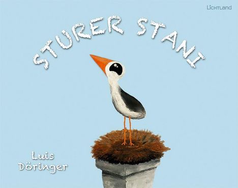 „Sturer Stani“ oben, „Luis Döringer“ unten. Ein skizzenhafter Vogel mit orangefarbenem Schnabel auf einem Schornstein.