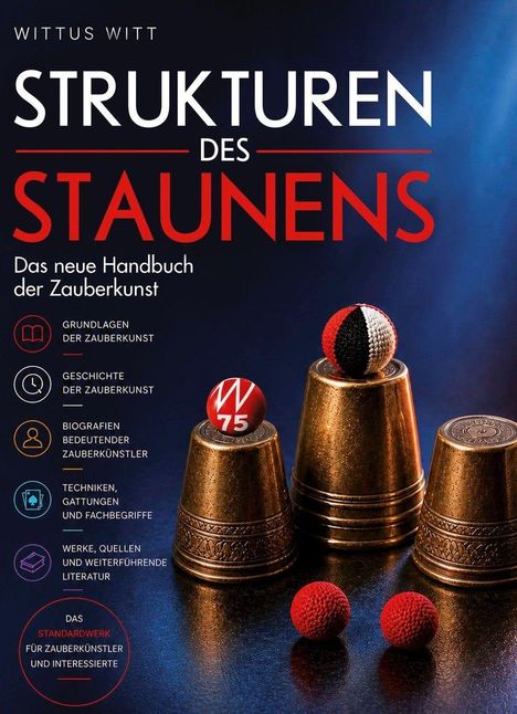 "Strukturen des Staunens" steht oben. Darunter Becher, Kugeln und Symbole für Zauberkunst with och weiterer Text.