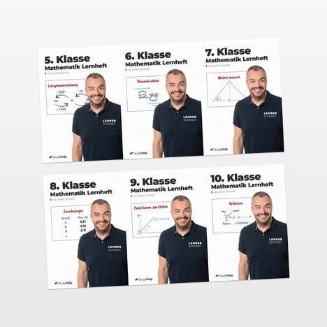 5. Klasse: Längenumrechnung; 6. Klasse: Dezimalzahlen; 7. Klasse: Winkel messen; 8. Klasse: Zuordnungen; 9. Klasse: Funktionen; 10. Klasse: Potenzen. Ein lächelnder Mann in einem dunkelblauen Polohemd steht jeweils daneben.