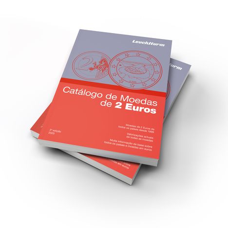 "Catálogo de Moedas de 2 Euros" steht auf einem hellroten Buchcover, abgebildet sind zwei Euro-Münzdesigns.