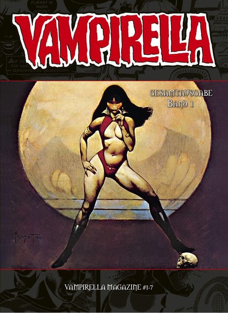Vampirella Gesamtausgabe Band 1. Eine Frau in einem roten Outfit vor einem großen Mond, daneben ein Totenschädel.
