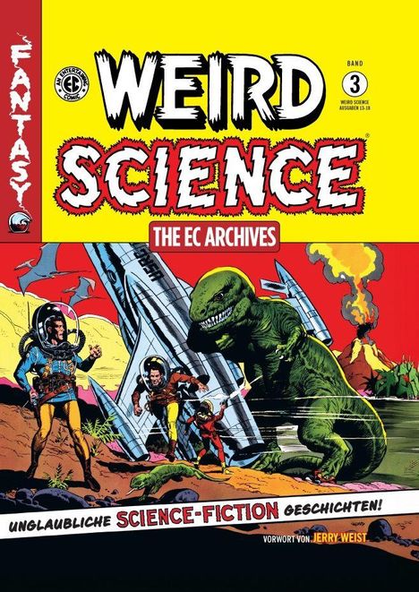 Comic-Cover mit dem Titel "Weird Science". Astronauten und Dinosaurier vor Rakete und Vulkan. Fantastische, bunte Szene.