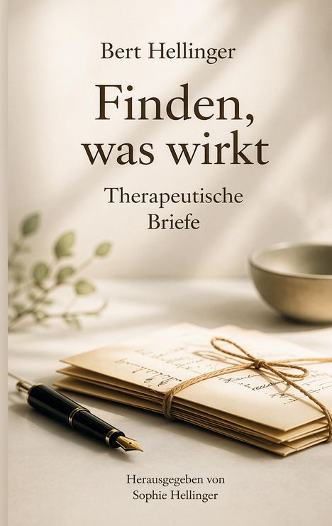 Text: "Bert Hellinger, Finden, was wirkt, Therapeutische Briefe. Herausgegeben von Sophie Hellinger." 
Ein Stift ruht auf Briefen.