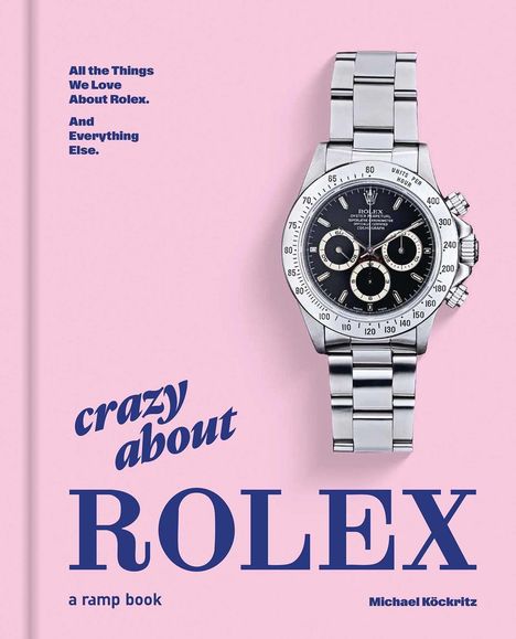Text: "All the Things We Love About Rolex. And Everything Else. Crazy about ROLEX. A ramp book. Michael Köckritz."  
Rechter Bereich: Detail einer Rolex-Uhr. Hintergrund: Rosa.