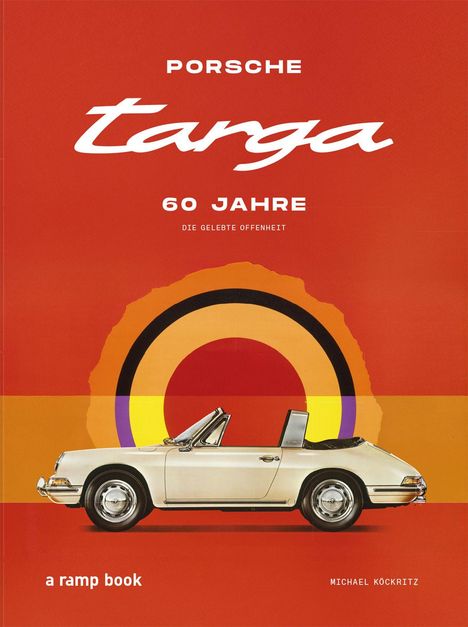 "Porsche Targa, 60 Jahre, Die gelebte Offenheit, a ramp book, Michael Köckritz. Illustration eines weißen Cabriolets."