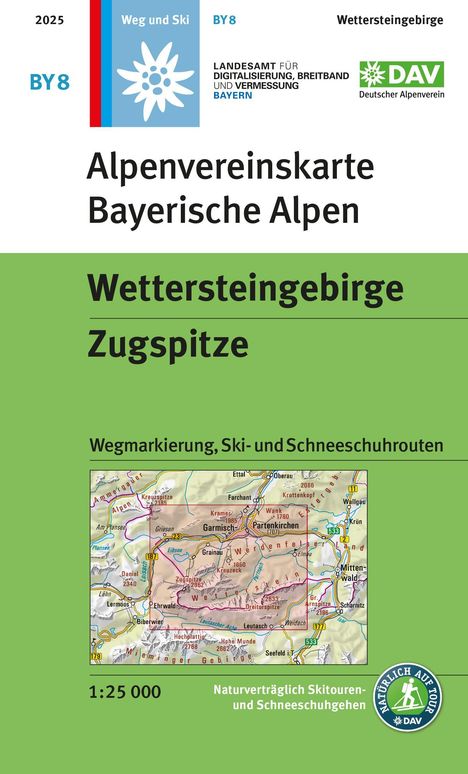 Alpenvereinskarte Bayerische Alpen, Wettersteingebirge, Zugspitze, Wegmarkierung, Ski- und Schneeschuhrouten, Maßstab 1:25.000