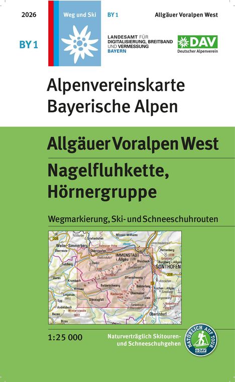 Alpenvereinskarte der Bayerischen Alpen. Text: "Allgäuer Voralpen West, Nagelfluhkette, Hörnergruppe." Skitouren-Logo vorhanden.