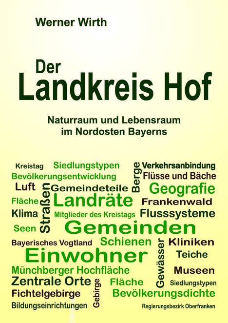 „Der Landkreis Hof: Naturraum und Lebensraum im Nordosten Bayerns.“ Wörter: Gemeinden, Einwohner, Geografie. Helle Farben.