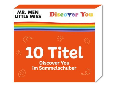 "10 Titel, Discover You im Sammelschuber." Ein orangefarbener Hintergrund mit buntem Regenbogenstreifen und verspielten Verzierungen.