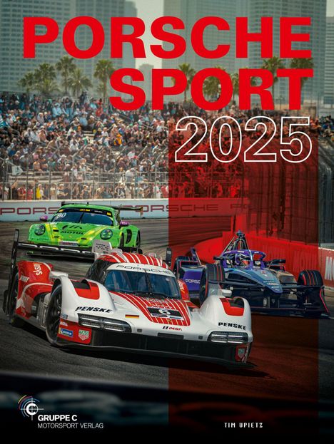 "Porsche Sport 2025" in großen roten Buchstaben; Rennwagen fahren auf einer Strecke, viele Zuschauer im Hintergrund.