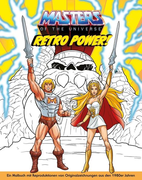 „Masters of the Universe: Retro Power!“ Zwei Figuren, eine mit Schwert, vor einem Burg-Hintergrund. Malbuch aus den 1980ern.