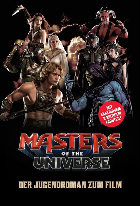 „Masters of the Universe: Der Jugendroman zum Film.“ Helden und Schurken posieren dynamisch vor einem dunklen Hintergrund.